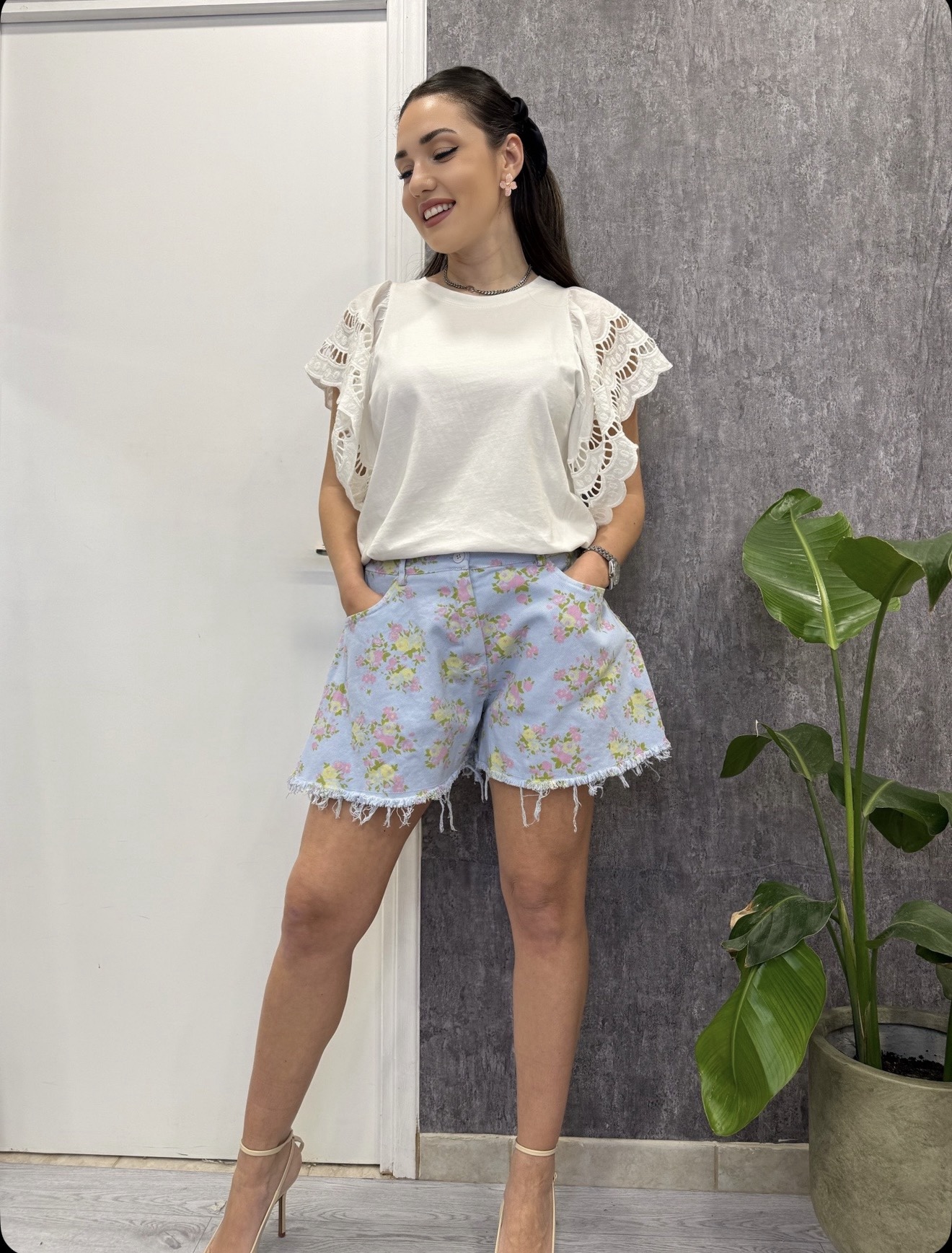 Denim Floral Σορτς